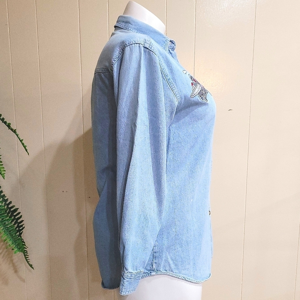 Lets Quizz Again New York Denim Long Sleeve Embroidered Flying Bear Women's Sz S - Picture 4 of 9